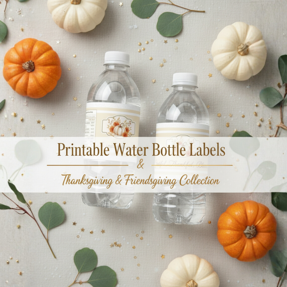Thanksgiving & Friendsgiving Water Bottle Labels | Fall Party Decorations | Gratitude Table Favor Wraps | Printable Autumn Bottle Stickers
