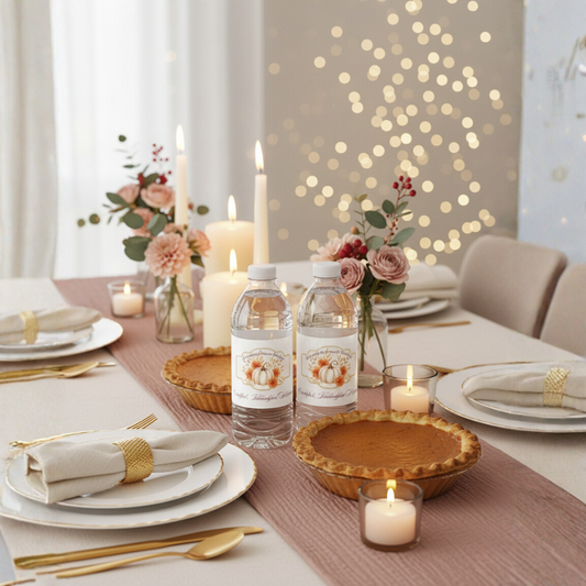 Thanksgiving & Friendsgiving Water Bottle Labels | Fall Party Decorations | Gratitude Table Favor Wraps | Printable Autumn Bottle Stickers