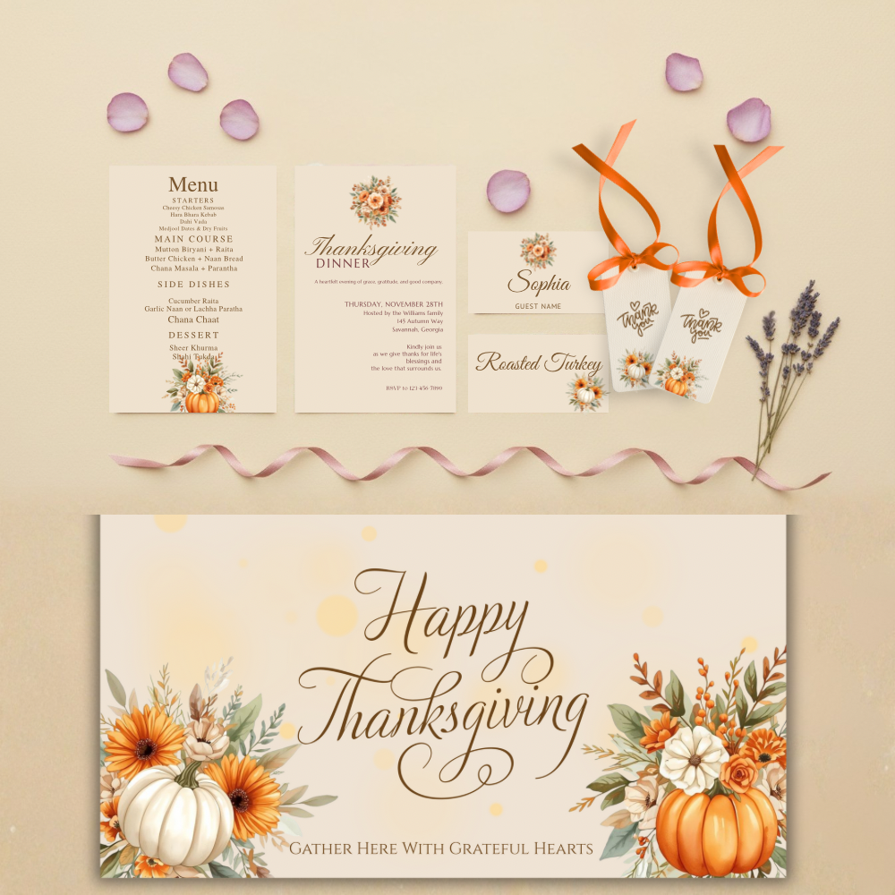 Editable Thanksgiving / Friendsgiving Digital Banner – Cast to Your TV | Fall Floral Pumpkins | “Happy Thanksgiving” | Gather Here With Grateful Hearts