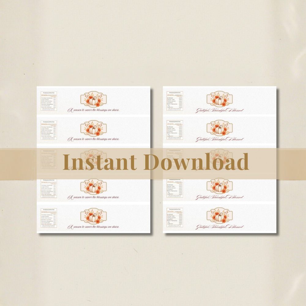 Thanksgiving & Friendsgiving Water Bottle Labels | Fall Party Decorations | Gratitude Table Favor Wraps | Printable Autumn Bottle Stickers