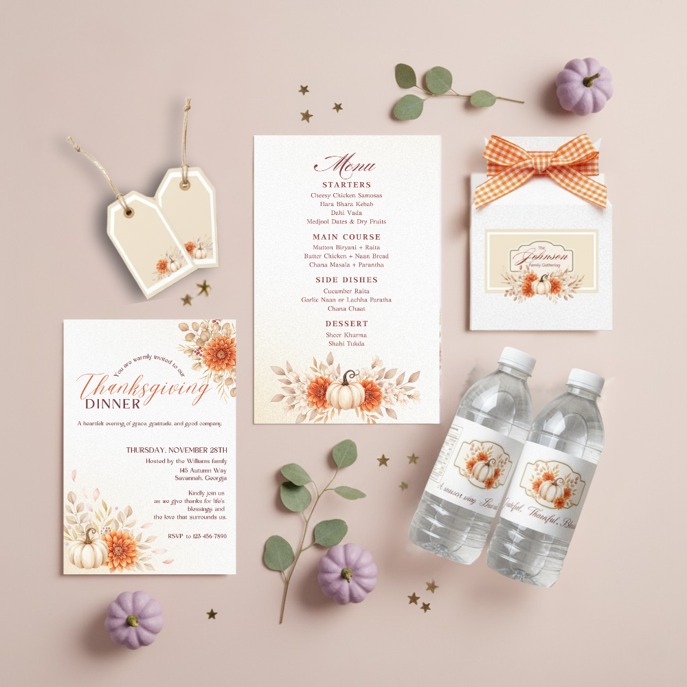 Thanksgiving & Friendsgiving Water Bottle Labels | Fall Party Decorations | Gratitude Table Favor Wraps | Printable Autumn Bottle Stickers