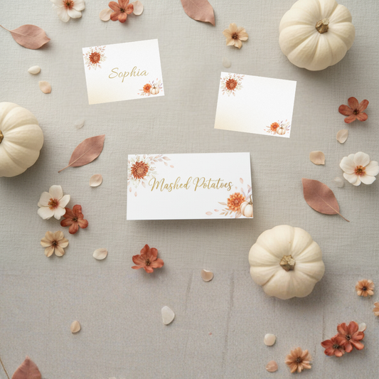 Editable Thanksgiving Place Cards & Food Tent Cards — Watercolor Pumpkin & Floral Template Set | Printable Fall Dinner Decorations