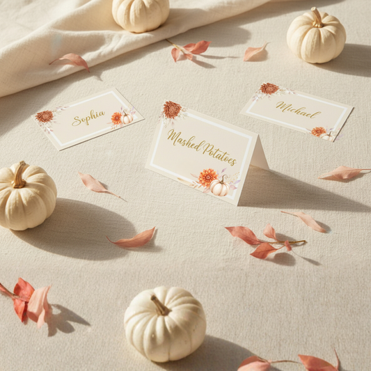 Editable Thanksgiving Place Cards & Food Tent Cards — Watercolor Pumpkin & Floral Template Set | Printable Fall Dinner Decorations