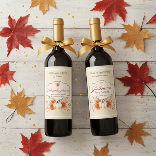 Editable Thanksgiving & Friendsgiving Wine Label Template with Bonus Bottle Neck Wraps | Printable Fall Bottle Stickers