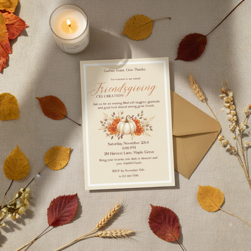 Editable Friendsgiving Invitation Template – Fall Pumpkin Floral Design | Digital Download