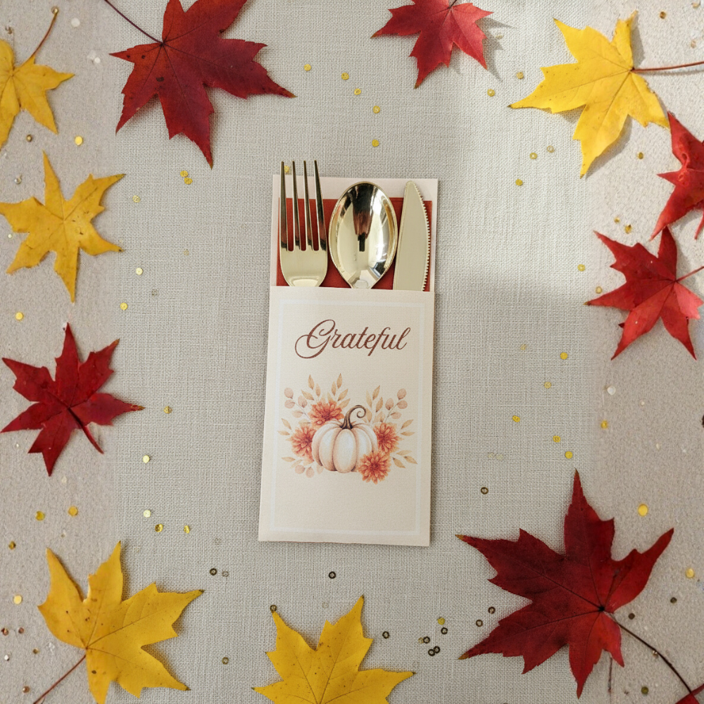 Editable Thanksgiving Utensil Pouch Template | Printable Pumpkin Floral Silverware Holder | Digital Download