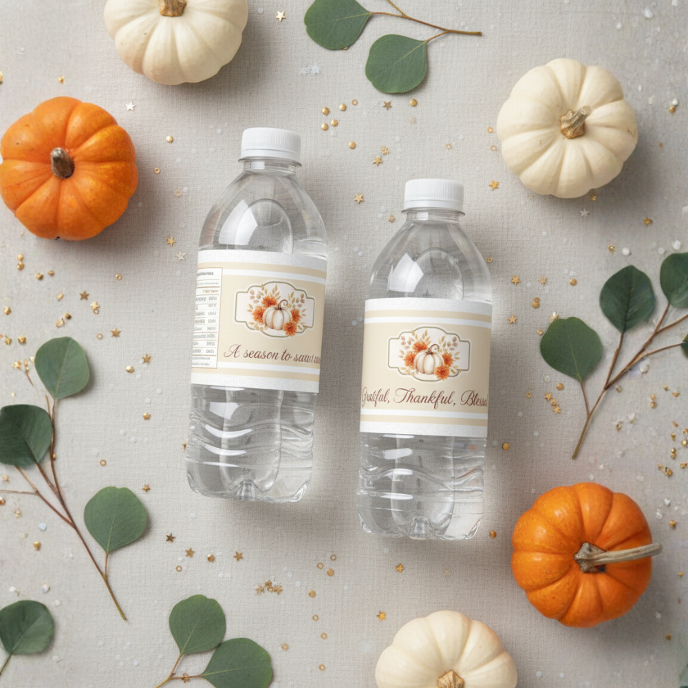 Thanksgiving & Friendsgiving Water Bottle Labels | Fall Party Decorations | Gratitude Table Favor Wraps | Printable Autumn Bottle Stickers