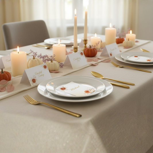 Editable Thanksgiving Place Cards & Food Tent Cards — Watercolor Pumpkin & Floral Template Set | Printable Fall Dinner Decorations