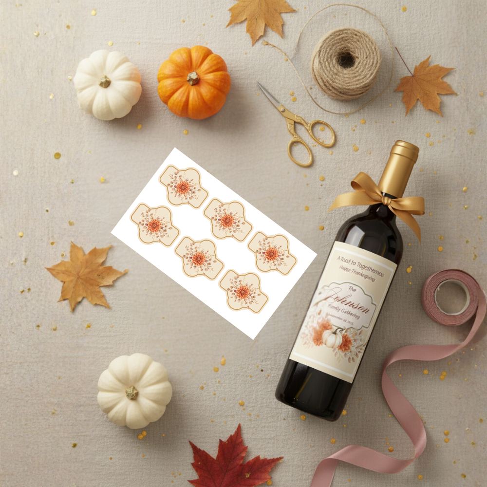 Editable Thanksgiving & Friendsgiving Wine Label Template with Bonus Bottle Neck Wraps | Printable Fall Bottle Stickers