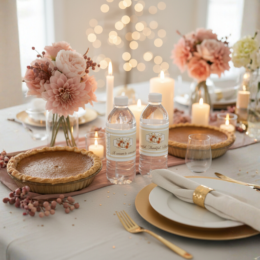 Thanksgiving & Friendsgiving Water Bottle Labels | Fall Party Decorations | Gratitude Table Favor Wraps | Printable Autumn Bottle Stickers