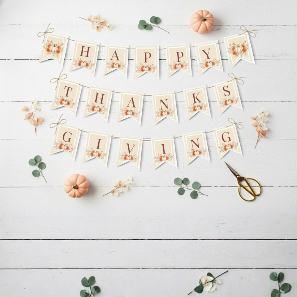 Editable Thanksgiving / Friendsgiving Banner Template – “Happy Thanksgiving” Printable Fall Decor | Rustic Pumpkin Autumn Party Garland
