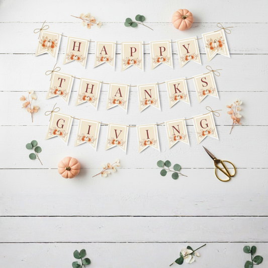 Editable Thanksgiving / Friendsgiving Banner Template – “Happy Thanksgiving” Printable Fall Decor | Rustic Pumpkin Autumn Party Garland