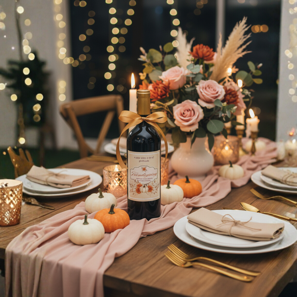 Editable Thanksgiving & Friendsgiving Wine Label Template with Bonus Bottle Neck Wraps | Printable Fall Bottle Stickers