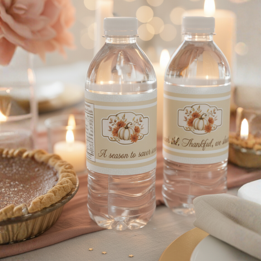 Thanksgiving & Friendsgiving Water Bottle Labels | Fall Party Decorations | Gratitude Table Favor Wraps | Printable Autumn Bottle Stickers