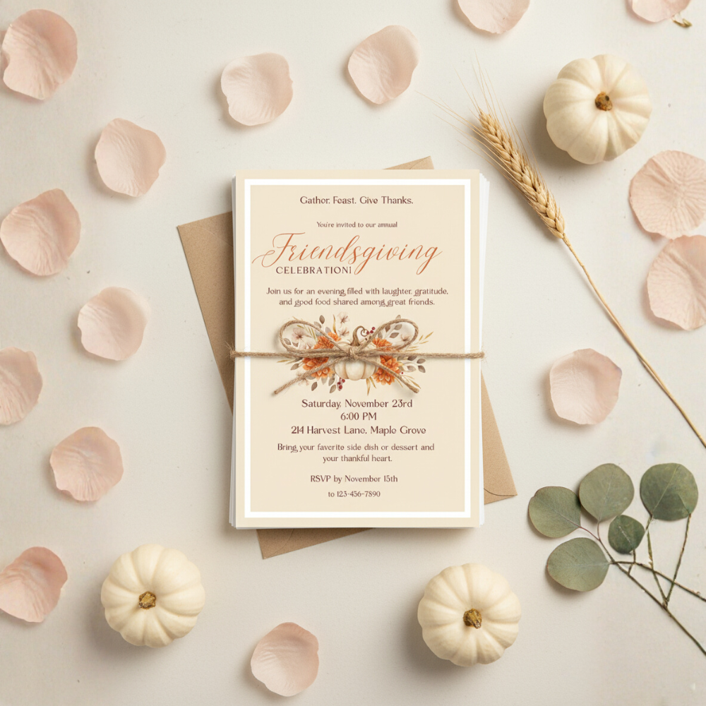 Editable Friendsgiving Invitation Template – Fall Pumpkin Floral Design | Digital Download