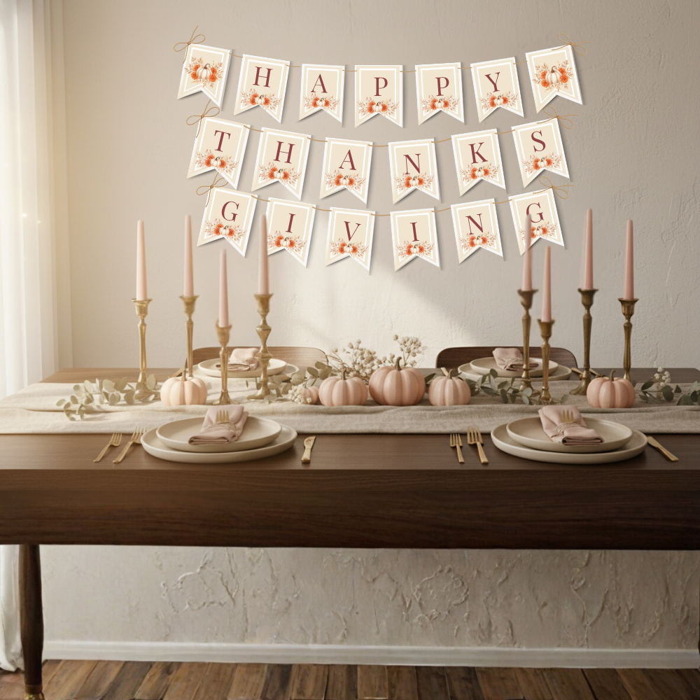 Editable Thanksgiving / Friendsgiving Banner Template – “Happy Thanksgiving” Printable Fall Decor | Rustic Pumpkin Autumn Party Garland