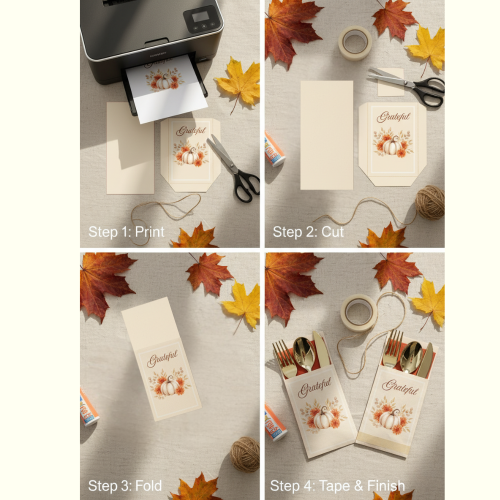 Editable Thanksgiving Utensil Pouch Template | Printable Pumpkin Floral Silverware Holder | Digital Download