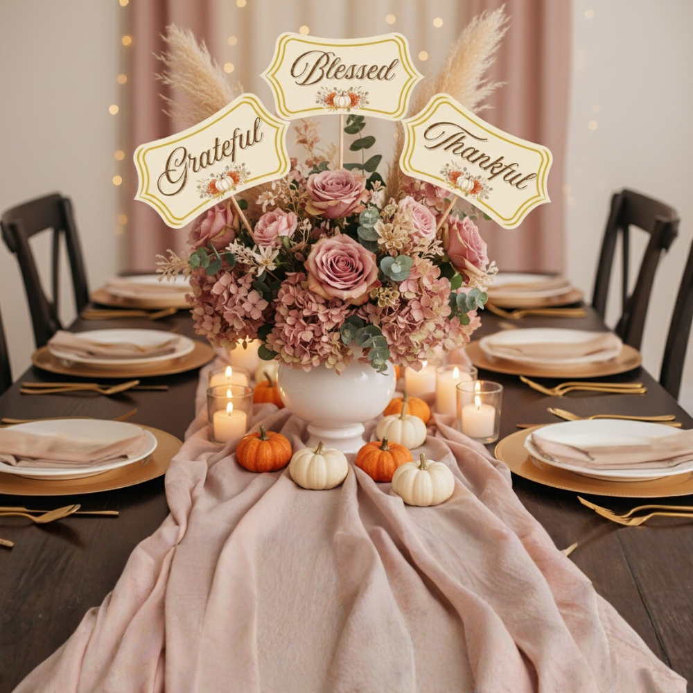 Editable Thanksgiving Table Sign & Centerpiece Stick Templates | “Thankful” Printable Decorations