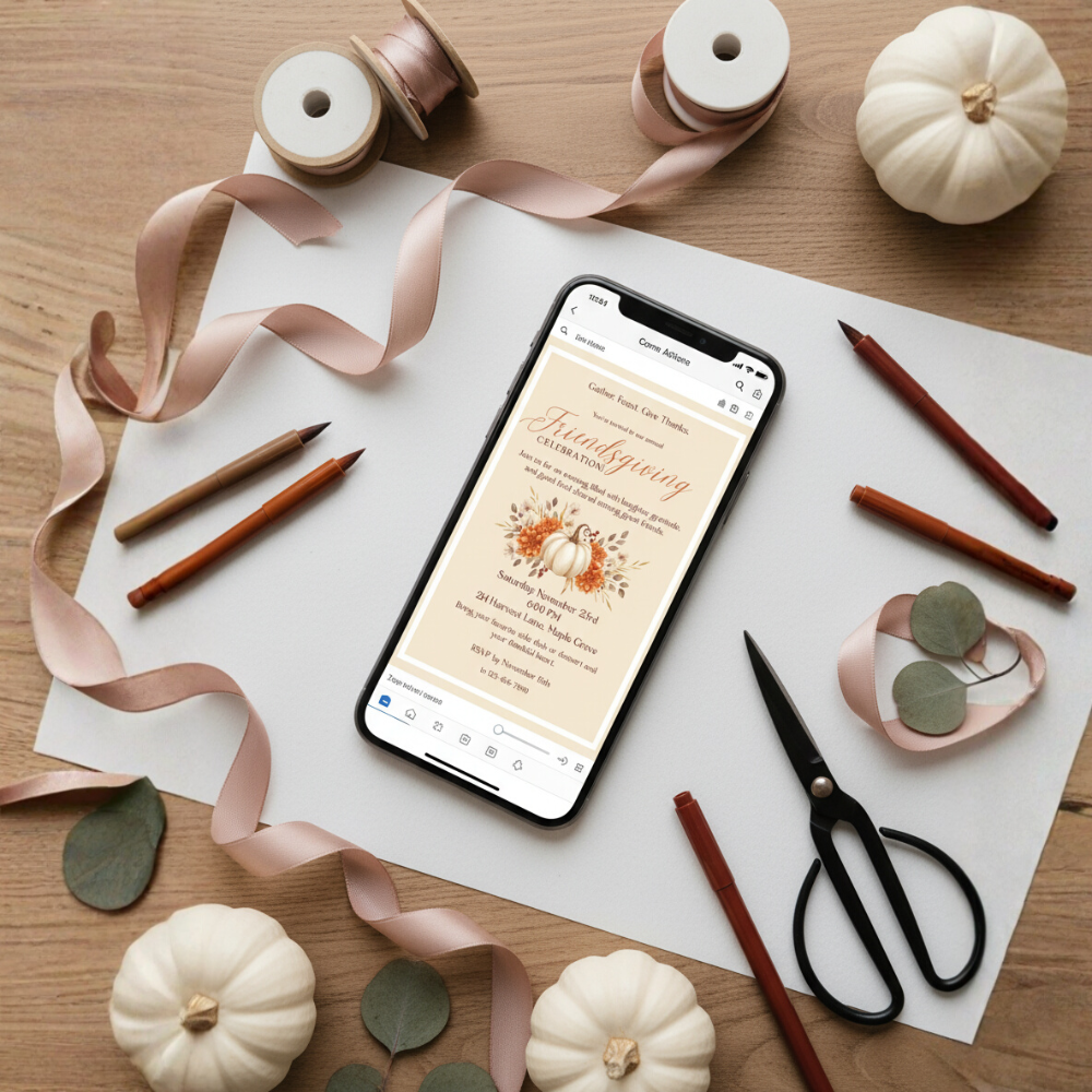 Editable Friendsgiving Invitation Template – Fall Pumpkin Floral Design | Digital Download