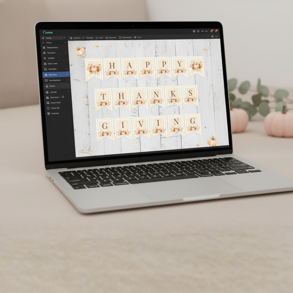 Editable Thanksgiving / Friendsgiving Banner Template – “Happy Thanksgiving” Printable Fall Decor | Rustic Pumpkin Autumn Party Garland