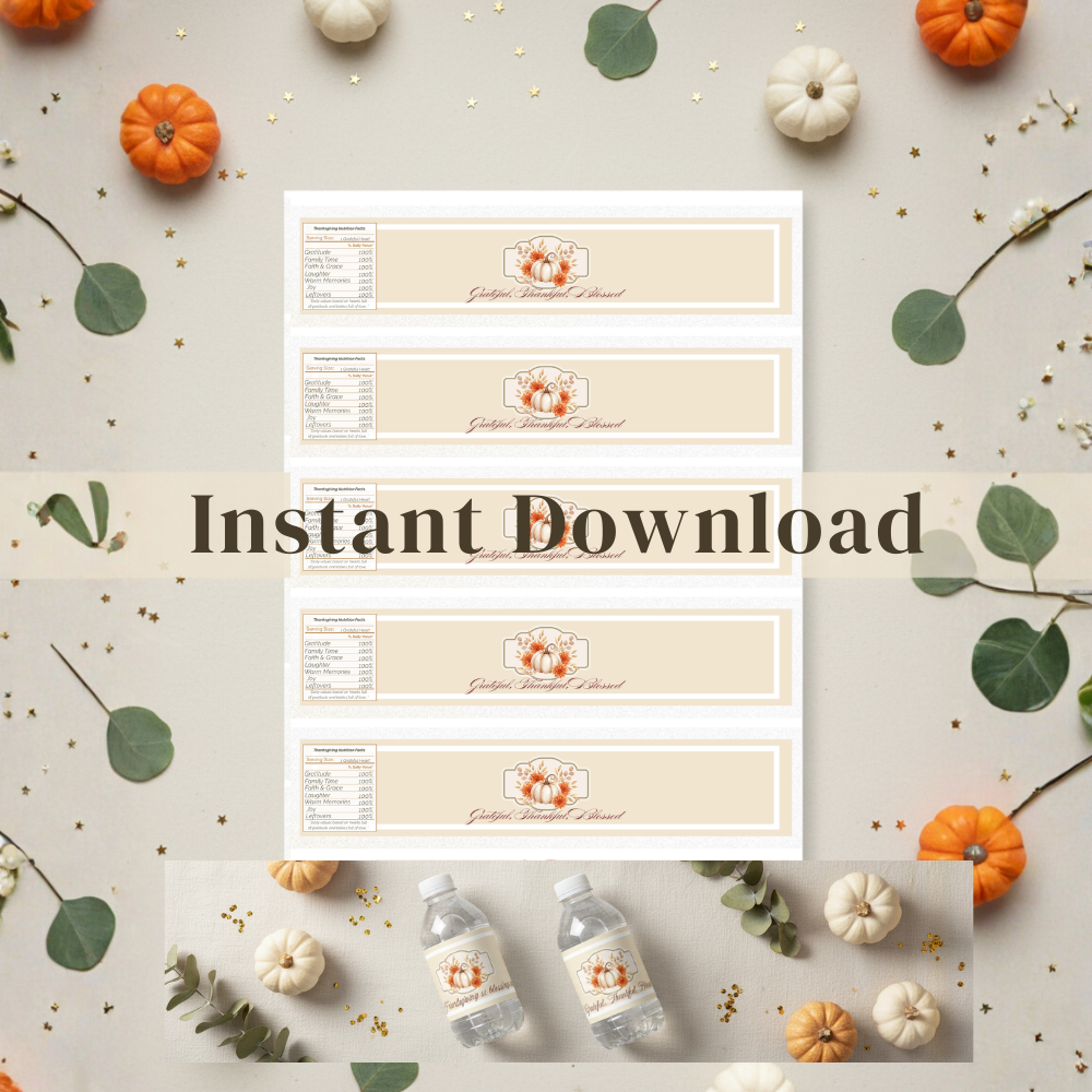 Thanksgiving & Friendsgiving Water Bottle Labels | Fall Party Decorations | Gratitude Table Favor Wraps | Printable Autumn Bottle Stickers