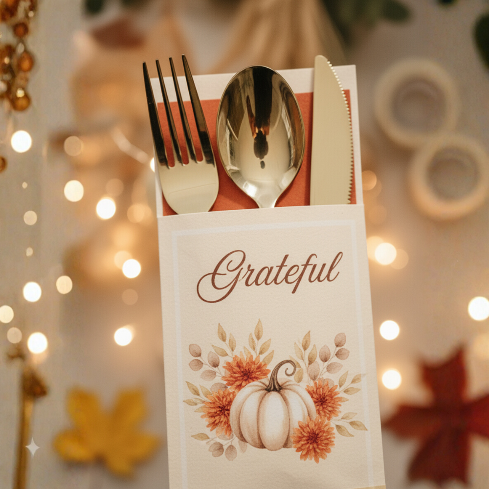 Editable Thanksgiving Utensil Pouch Template | Printable Pumpkin Floral Silverware Holder | Digital Download