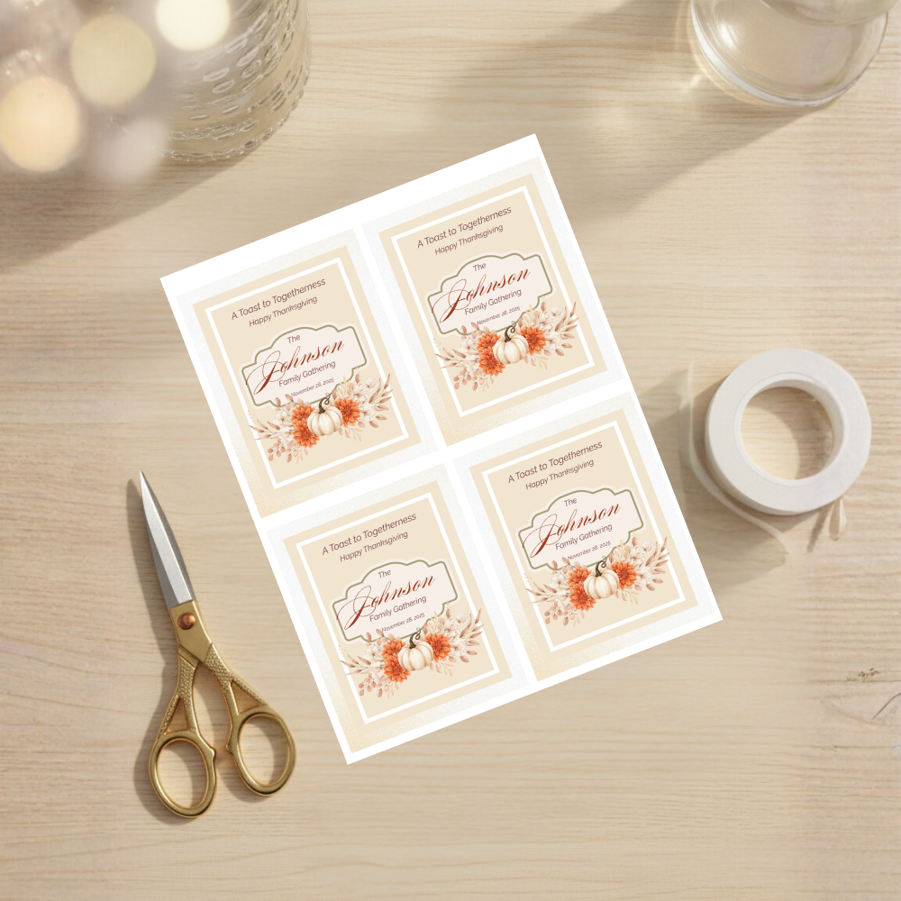 Editable Thanksgiving & Friendsgiving Wine Label Template with Bonus Bottle Neck Wraps | Printable Fall Bottle Stickers