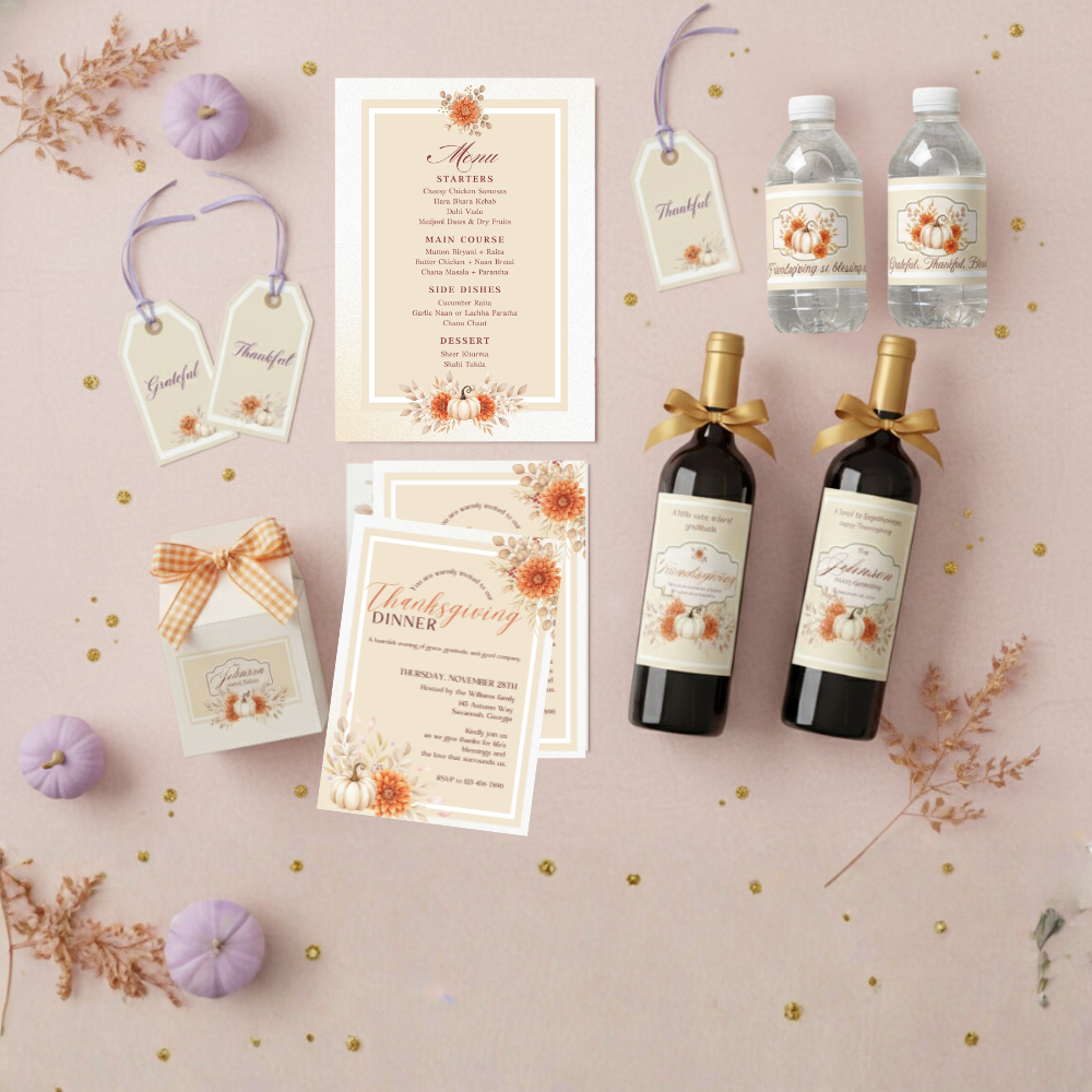 Thanksgiving & Friendsgiving Water Bottle Labels | Fall Party Decorations | Gratitude Table Favor Wraps | Printable Autumn Bottle Stickers