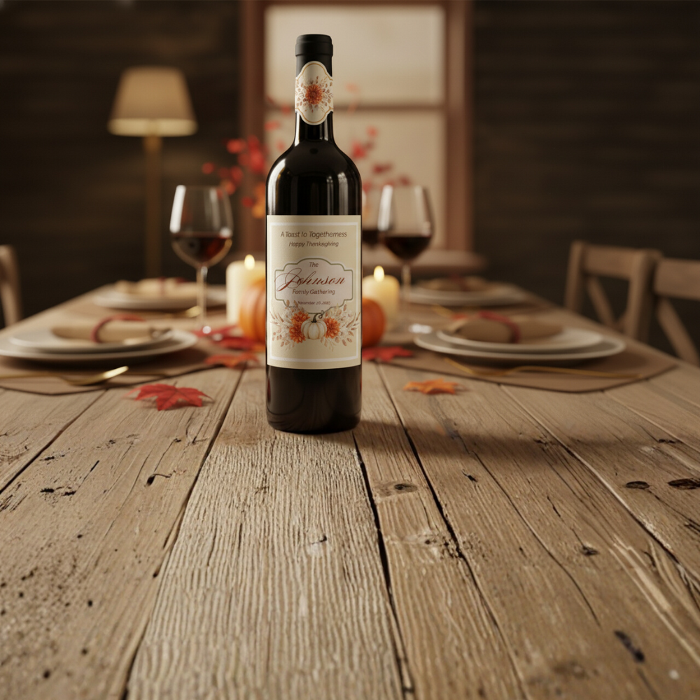 Editable Thanksgiving & Friendsgiving Wine Label Template with Bonus Bottle Neck Wraps | Printable Fall Bottle Stickers