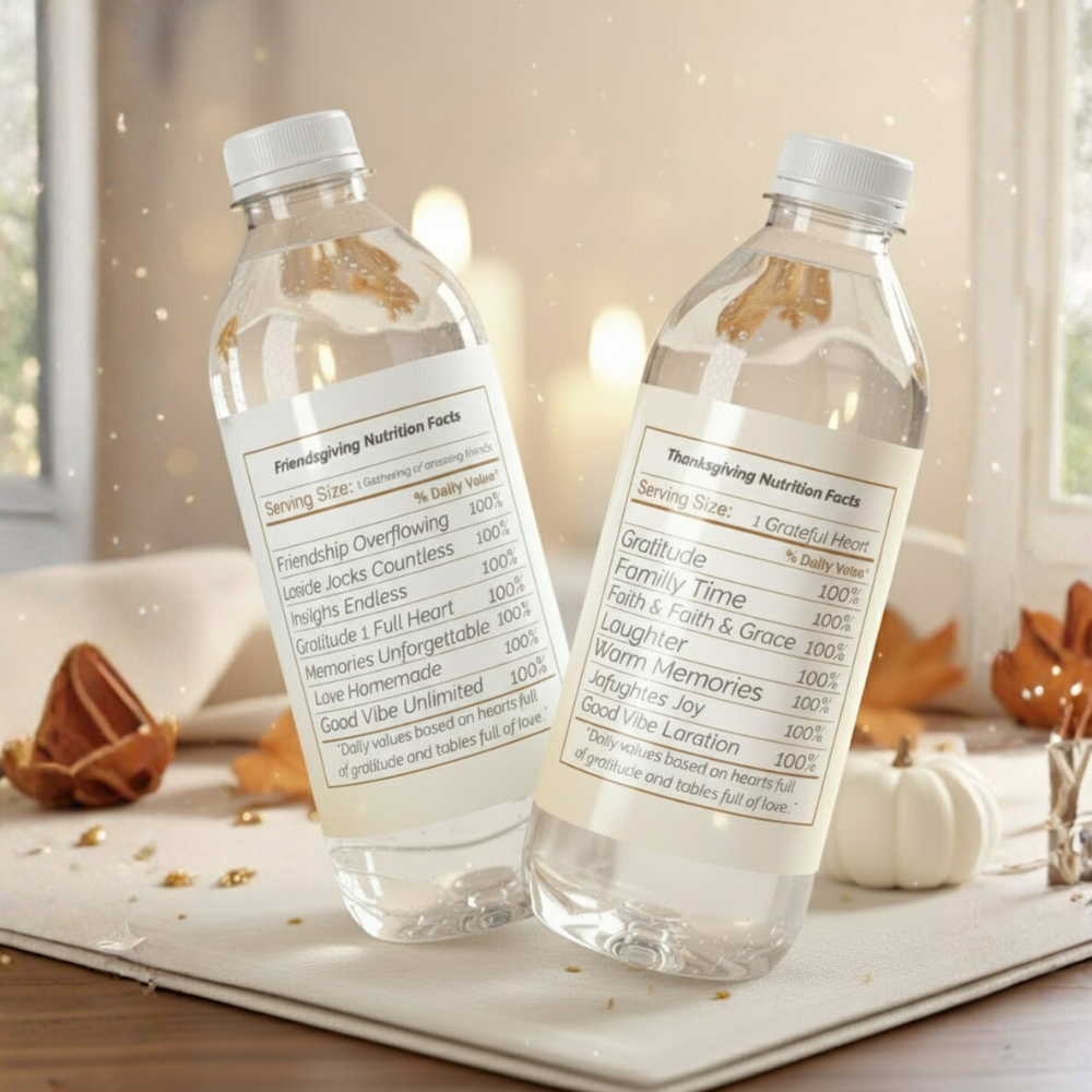 Thanksgiving & Friendsgiving Water Bottle Labels | Fall Party Decorations | Gratitude Table Favor Wraps | Printable Autumn Bottle Stickers