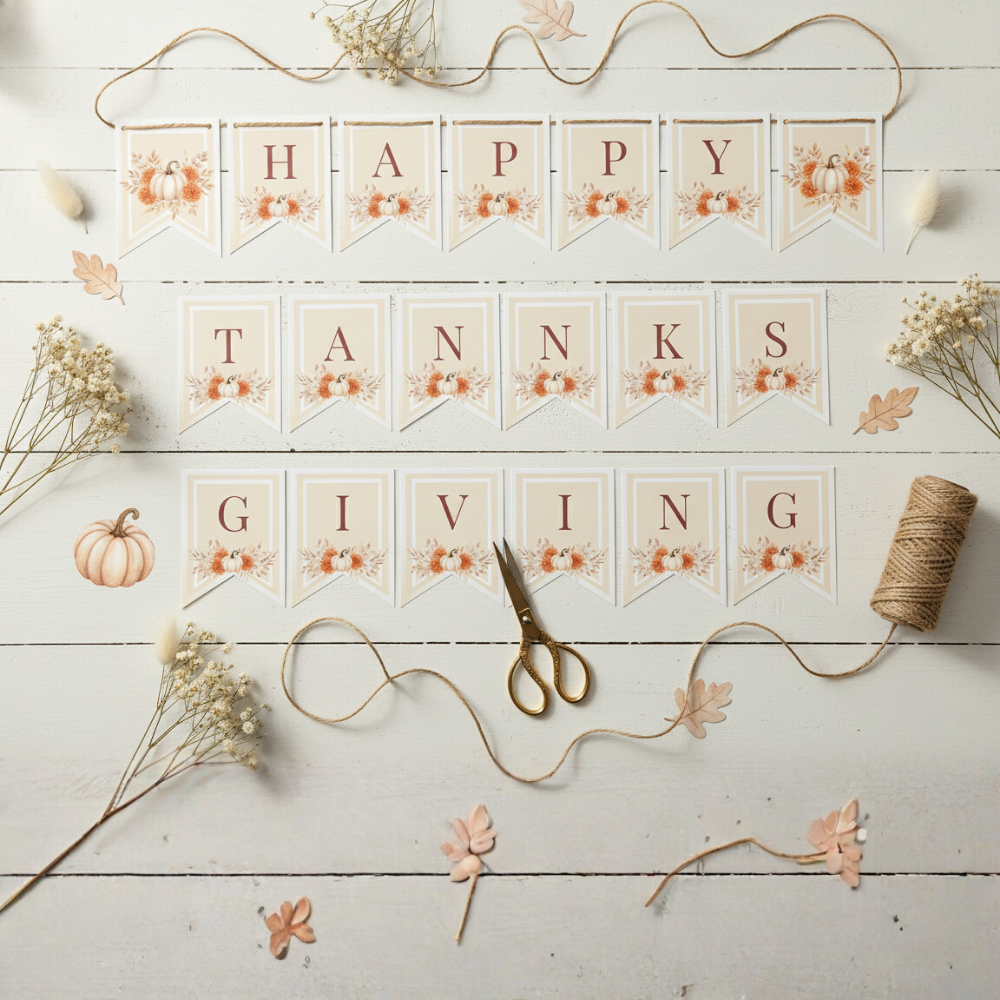 Editable Thanksgiving / Friendsgiving Banner Template – “Happy Thanksgiving” Printable Fall Decor | Rustic Pumpkin Autumn Party Garland