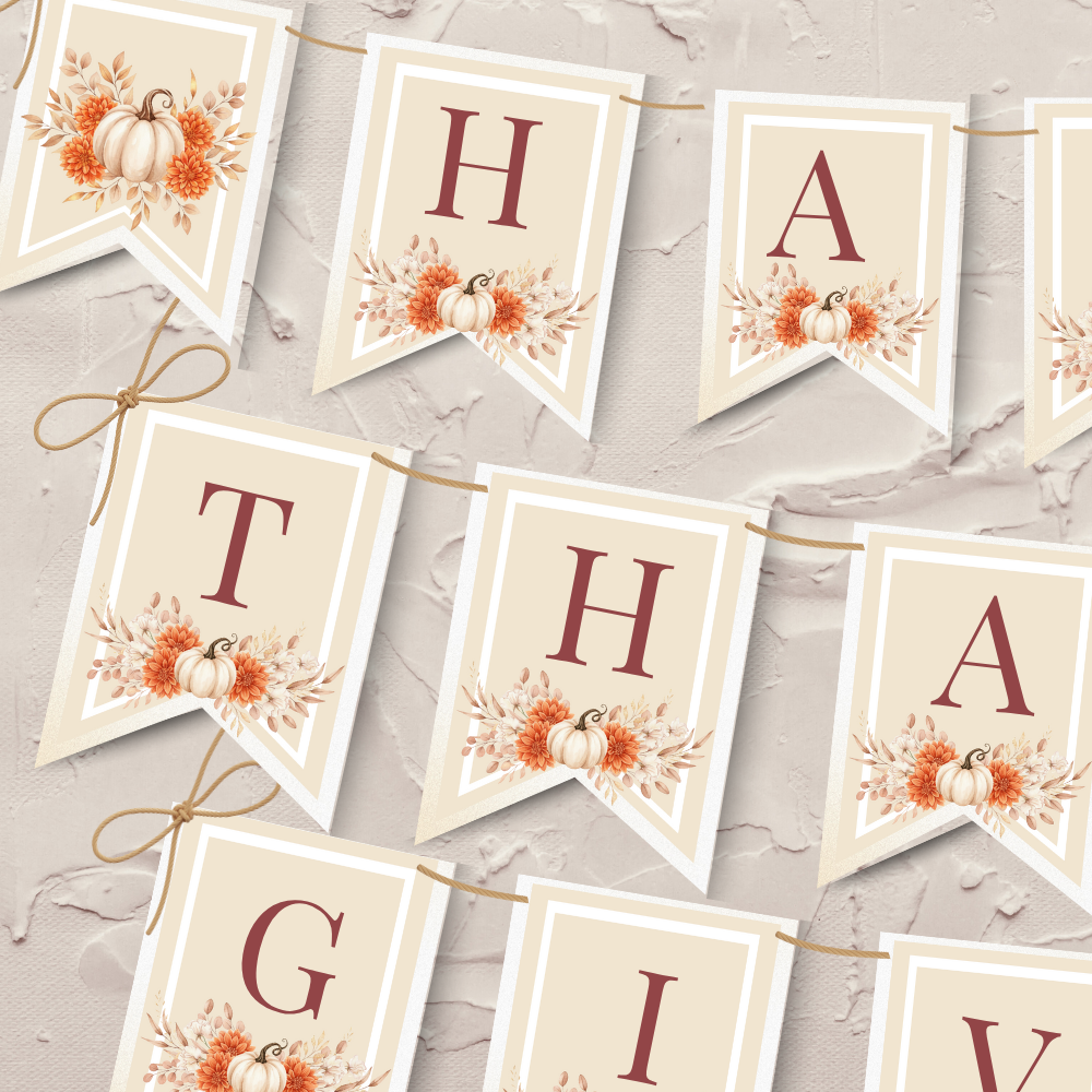 Editable Thanksgiving / Friendsgiving Banner Template – “Happy Thanksgiving” Printable Fall Decor | Rustic Pumpkin Autumn Party Garland