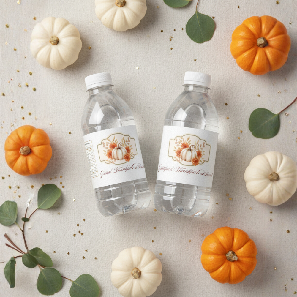 Thanksgiving & Friendsgiving Water Bottle Labels | Fall Party Decorations | Gratitude Table Favor Wraps | Printable Autumn Bottle Stickers