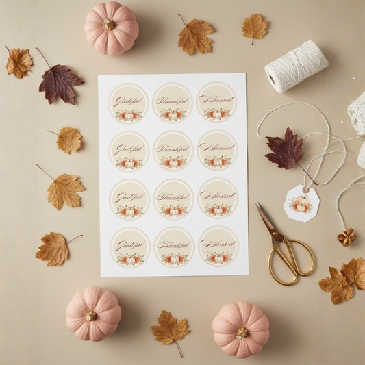 Printable Thanksgiving Round Labels | Grateful Thankful Blessed Stickers | Friendsgiving Favor Tags | Autumn Floral Pumpkin Design