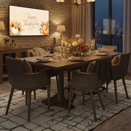 Editable Thanksgiving / Friendsgiving Digital Banner – Cast to Your TV | Fall Floral Pumpkins | “Happy Thanksgiving” | Gather Here With Grateful Hearts