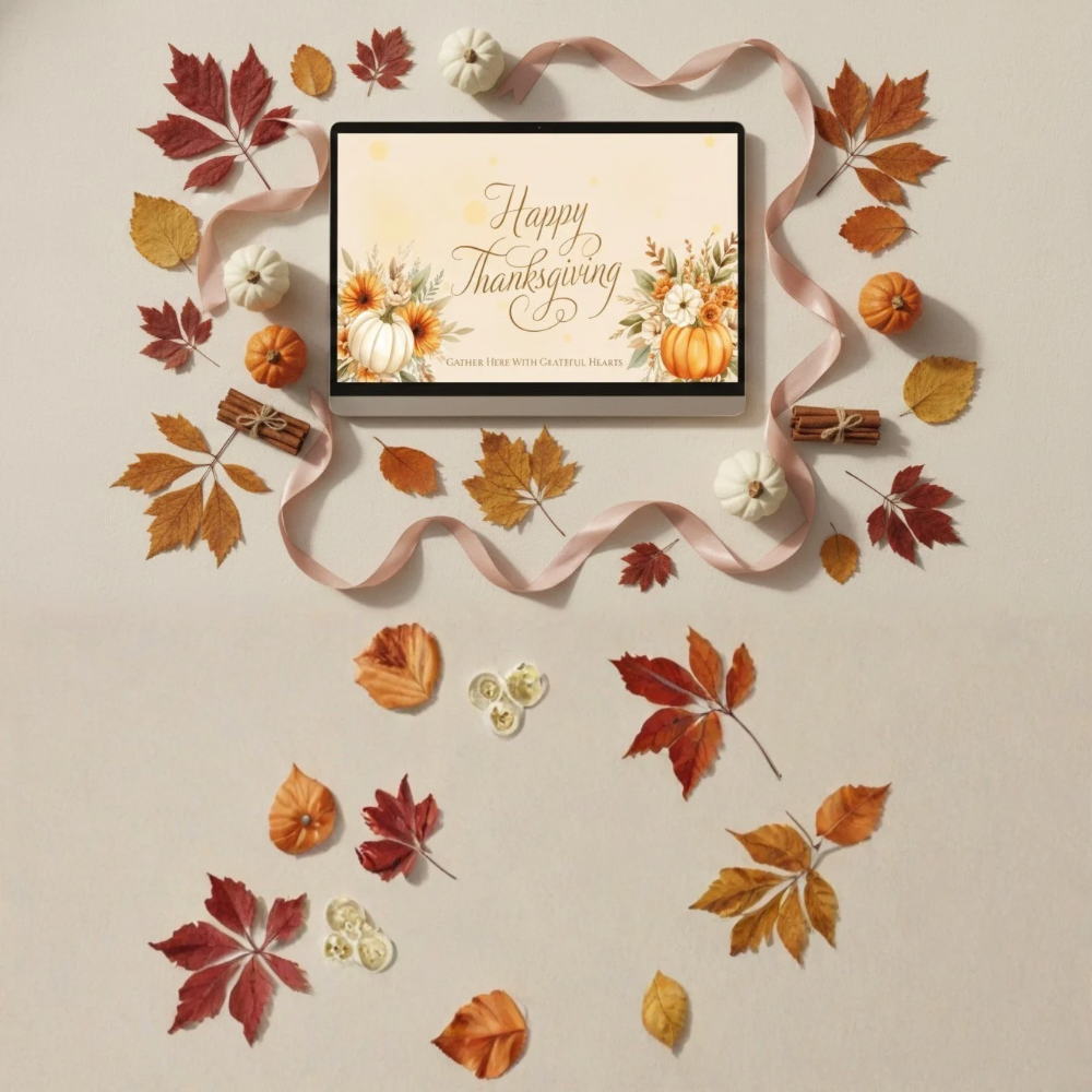 Editable Thanksgiving / Friendsgiving Digital Banner – Cast to Your TV | Fall Floral Pumpkins | “Happy Thanksgiving” | Gather Here With Grateful Hearts