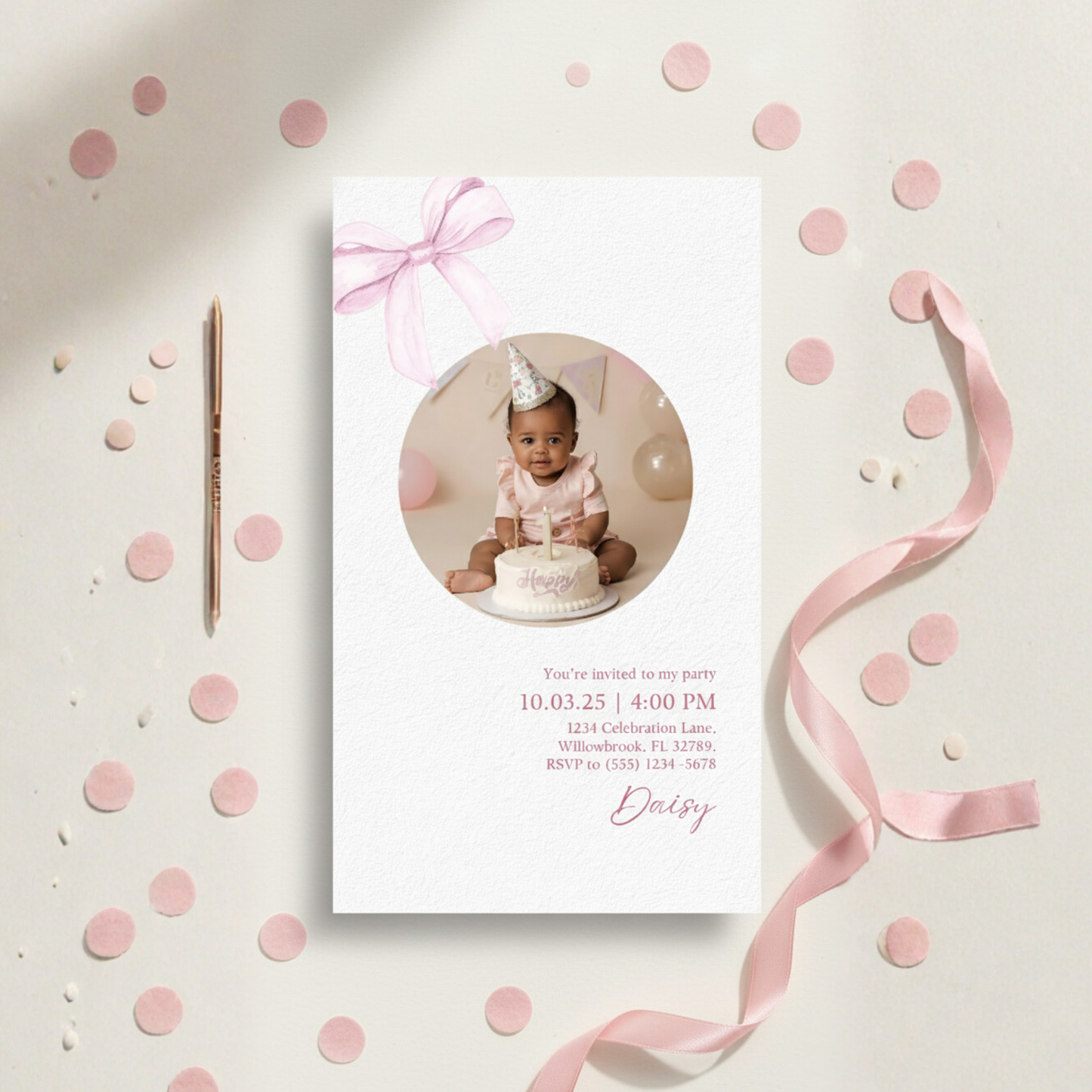 Sweet Pink Bow First Birthday Invitation (Editable Template)