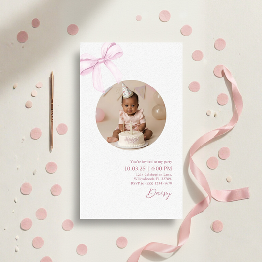 Sweet Pink Bow First Birthday Invitation (Editable Template)