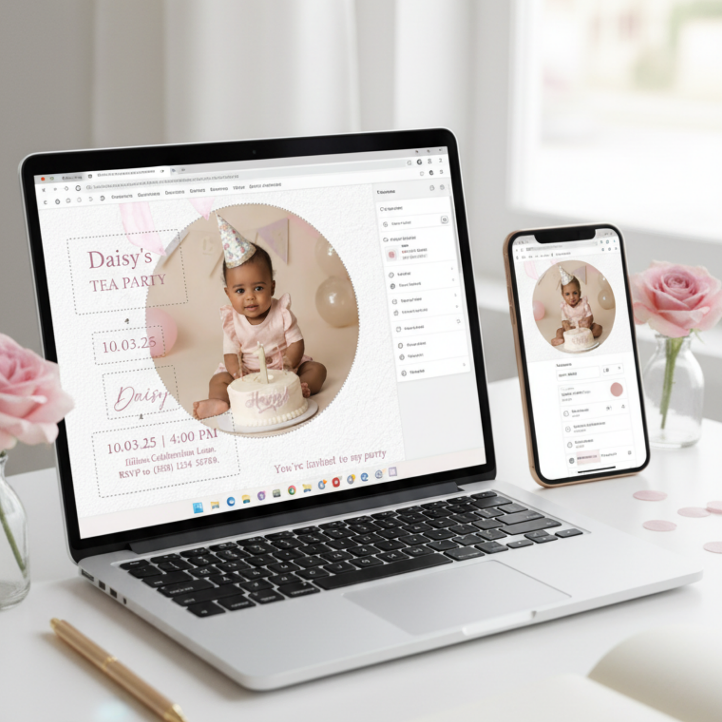 Sweet Pink Bow First Birthday Invitation (Editable Template)