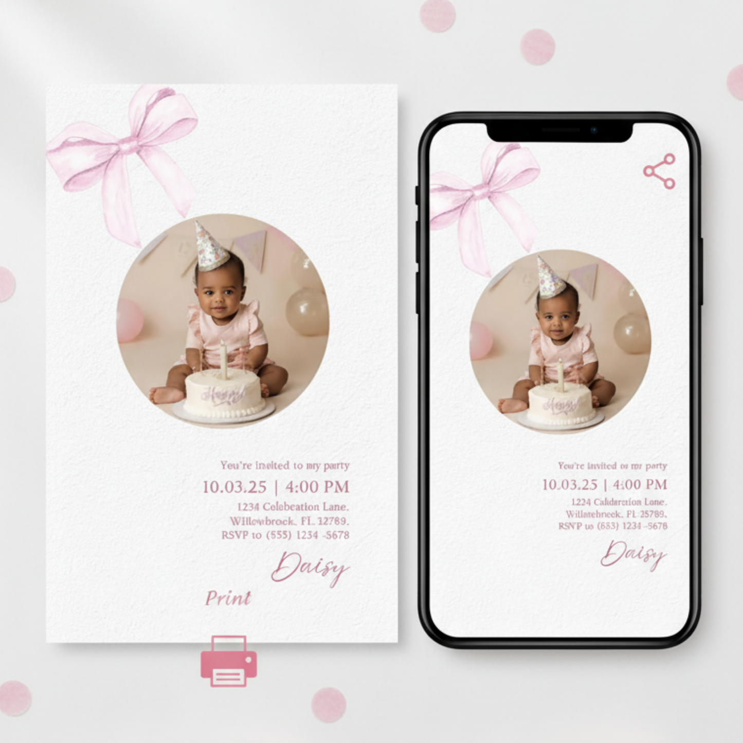 Sweet Pink Bow First Birthday Invitation (Editable Template)