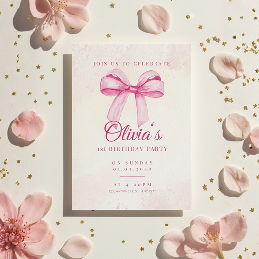 Pink Watercolor Bow Birthday Invitation (Editable Template)