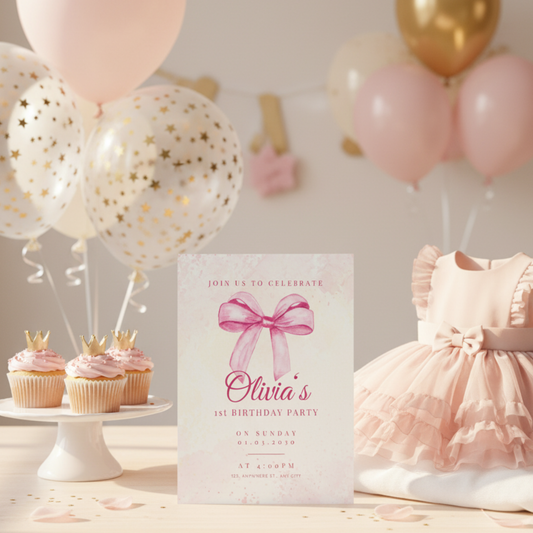 Pink Watercolor Bow Birthday Invitation (Editable Template)