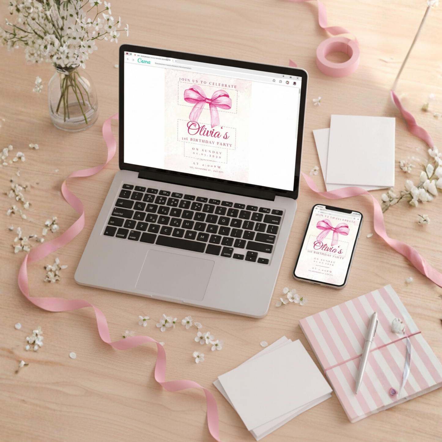 Pink Watercolor Bow Birthday Invitation (Editable Template)