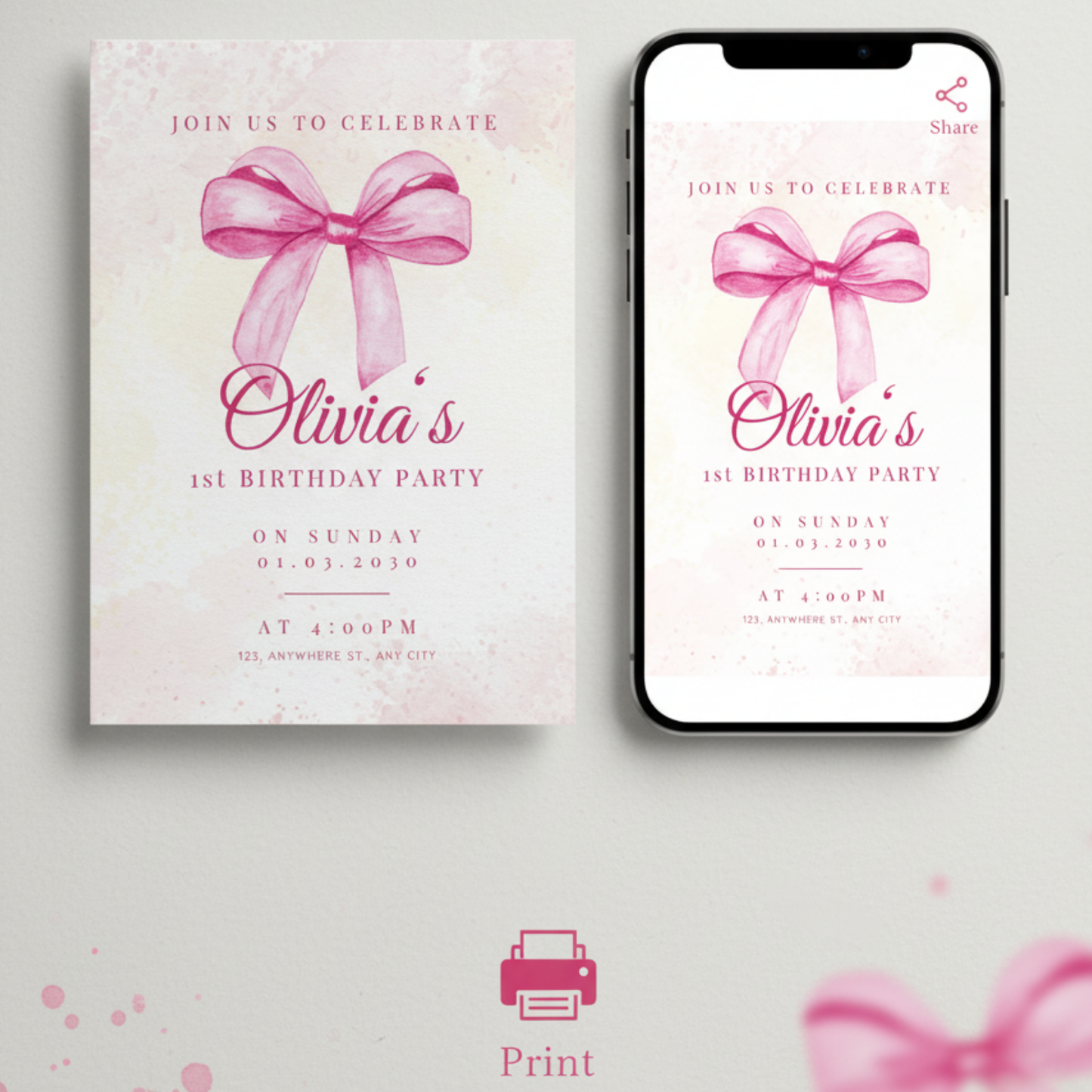Pink Watercolor Bow Birthday Invitation (Editable Template)