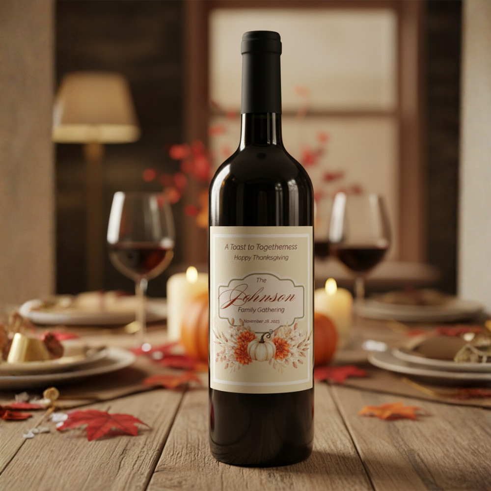 Editable Thanksgiving & Friendsgiving Wine Label Template with Bonus Bottle Neck Wraps | Printable Fall Bottle Stickers