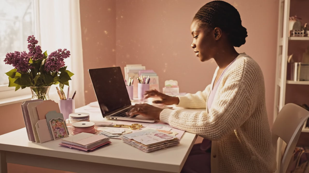 Load video: A woman in a pastel craft room designing digital party printables on her laptop, surrounded by ribbons, flowers, and stationery.